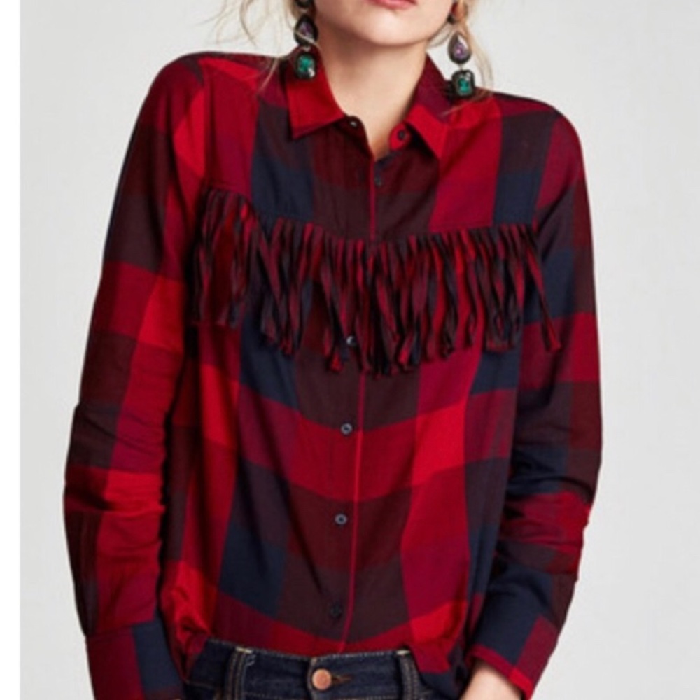 Zara Plaid Fringe Western Top M
